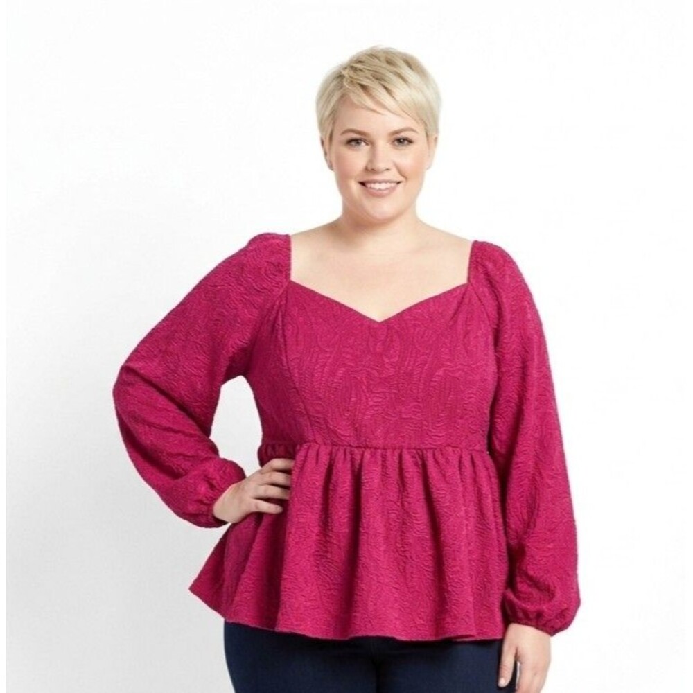 Ava Viv Women Crop Top 3X Fuscia Pink Babydoll Cinch Waist Pullover Back Tie